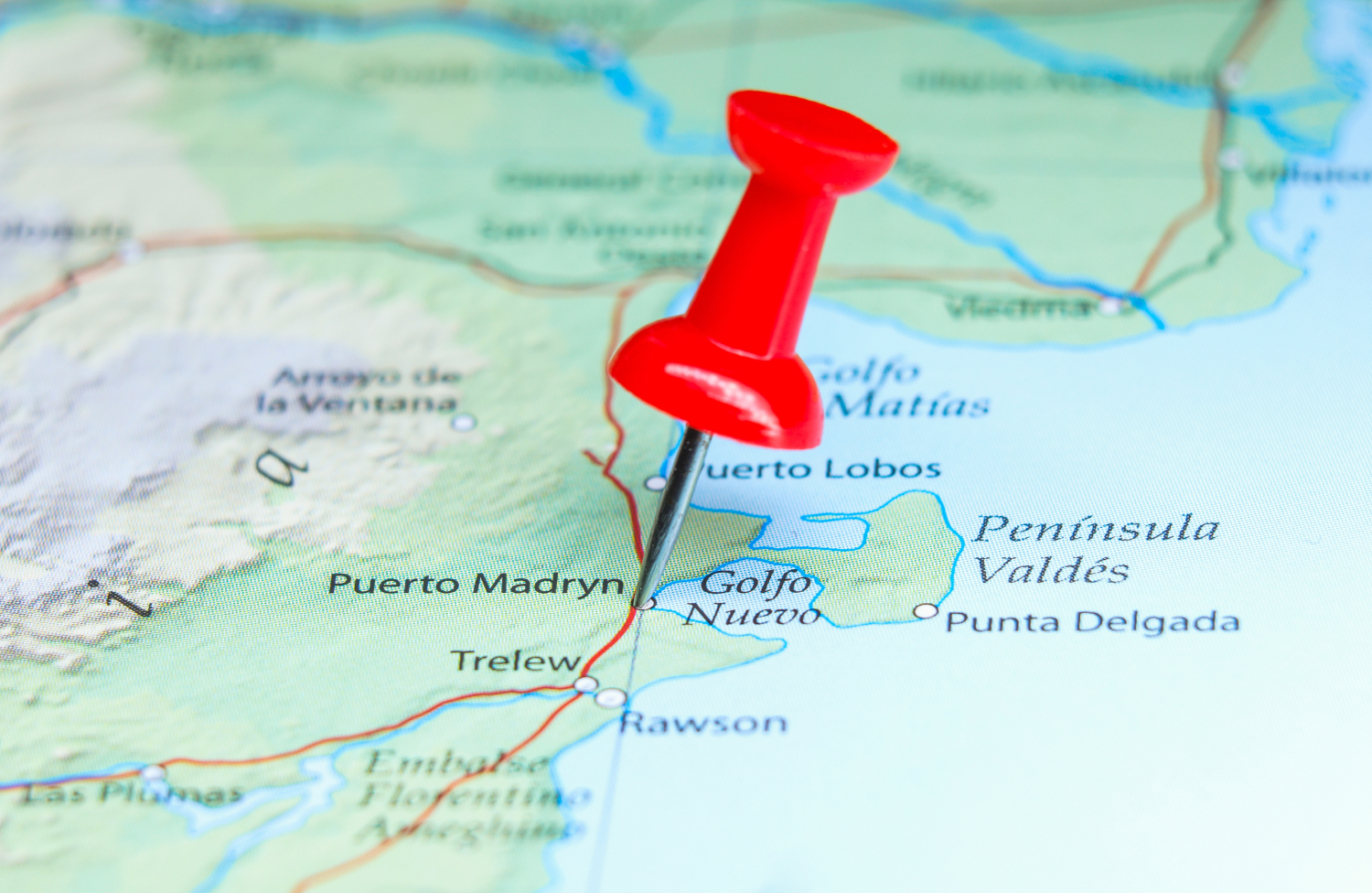 Mapa de la Península Valdés con Puerto Madryn marcado